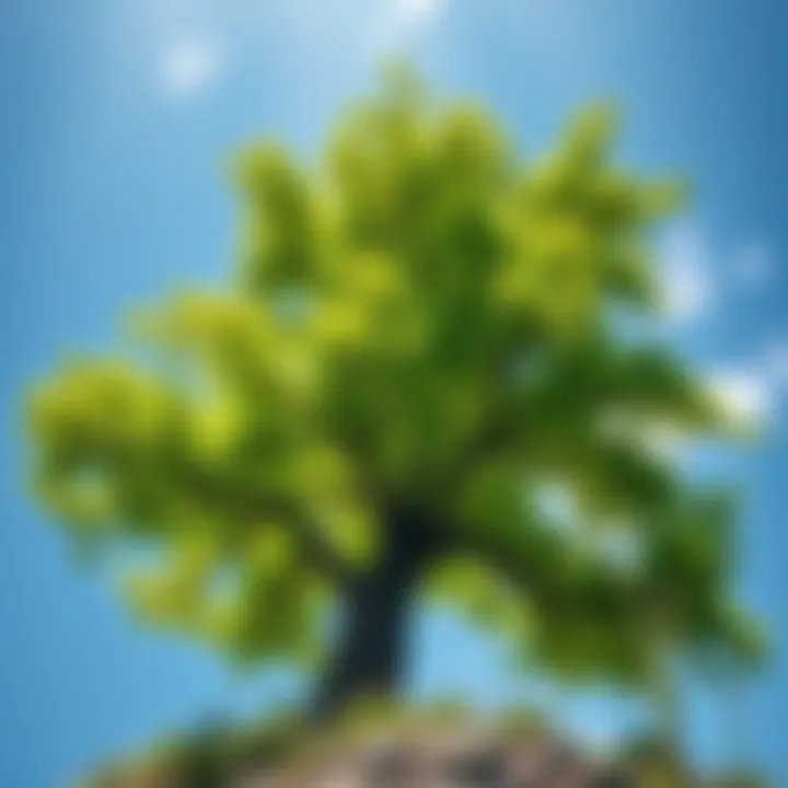 Tree Growing Strongly A strong tree standing tall with vibrant green leaves, showing its struggle for balance and stability in life, representing personal growth.