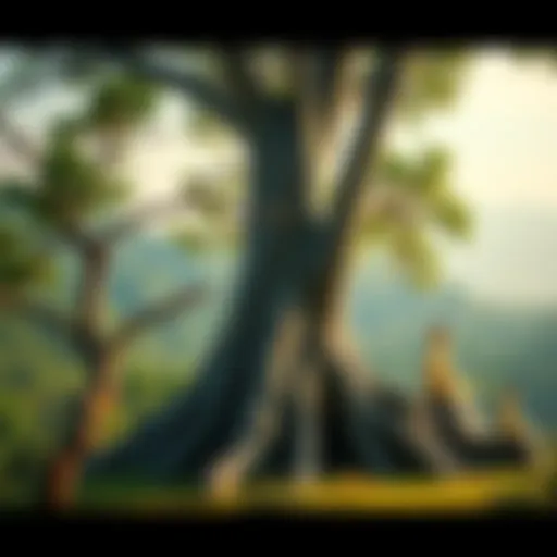 A large, old tree representing Thai Buddhism next to a small sapling symbolizing Western Buddhism, highlighting their differences in growth stages.