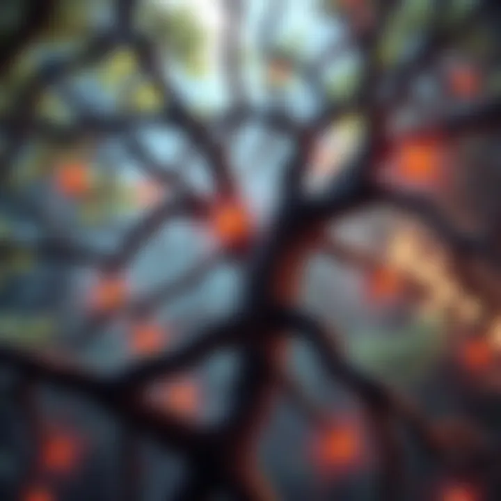 Illustration showing the similarity between tree branches and neuron structures, highlighting their intertwined forms and patterns.