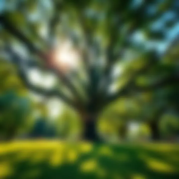 A person standing under a tree A person stands with arms open wide under a large leafy tree in a sunny park, enjoying nature