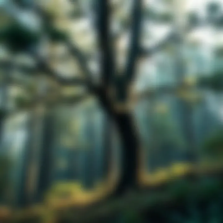 A tree falling in a quiet forest, surrounded by trees and underbrush, illustrating the concept of sound and awareness when no one is present.