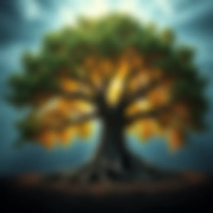 A large tree with deep roots and vibrant leaves, representing personal growth and healing from trauma.