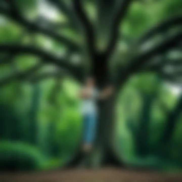 A person standing in a peaceful setting, embracing a large tree, surrounded by greenery. Their eyes are closed, indicating a moment of mindfulness and connection with nature.