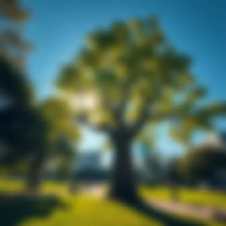 A tall, unique tree with a wide trunk and vibrant green leaves in a sunny park setting, inviting people to admire its beauty.