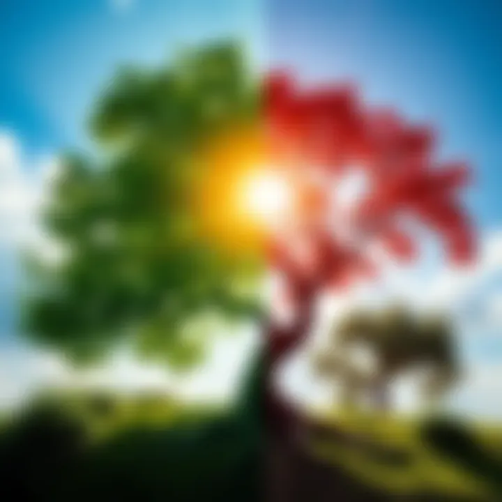 A vibrant tree representing life, with green leaves symbolizing growth and a nearby tree with fruit representing knowledge, both set against a bright sky, illustrating the balance of good and evil.