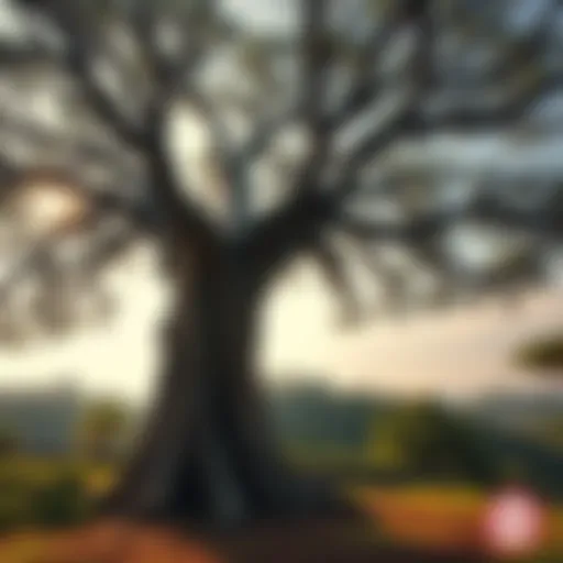 A large, ancient tree with a thick trunk, branches reaching toward the sky, surrounded by a serene forest, symbolizing cultural beliefs of trees as ancestral guardians.