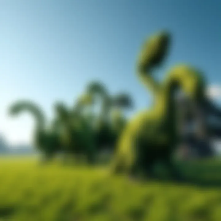 Trees Shaped Like Dinosaurs A group of trees that resemble various prehistoric creatures, surrounded by green grass, showing unique shapes that spark curiosity.