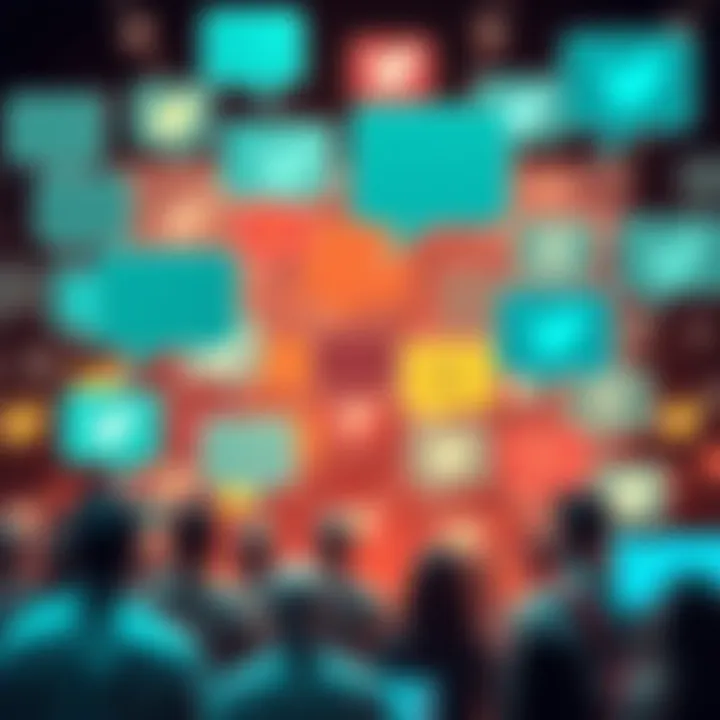 A graphic representation of Twitter's trending topics with speech bubbles showing diverse opinions and reactions from people.