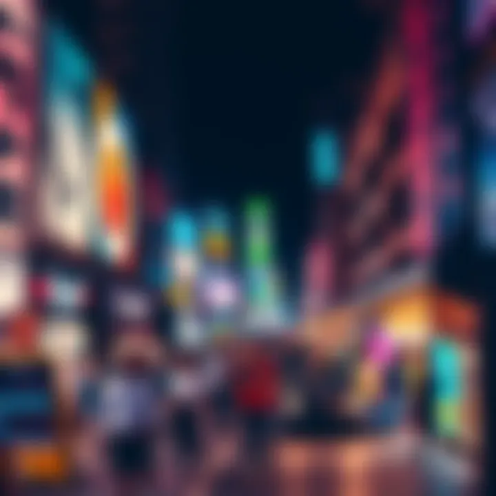 A vibrant collage showing modern art, stylish fashion, and advanced technology intertwining at a lively street festival.