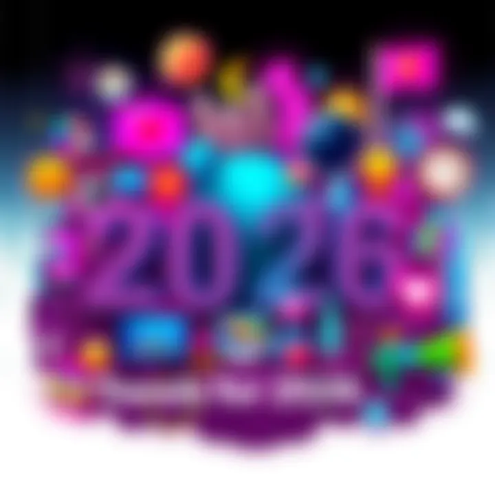 A collage of symbols representing societal changes and cultural movements expected in 2026, including technology, diversity, and environmental themes.