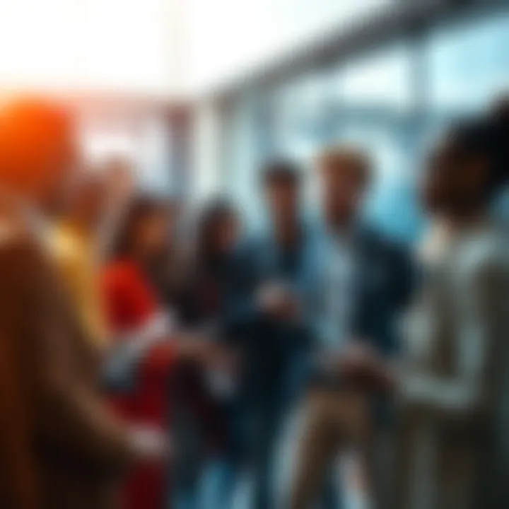 A group of diverse people engaged in discussions about emerging trends in a modern setting, with digital devices in hand.