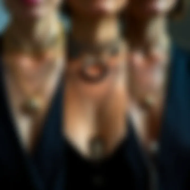A collection of matching necklaces worn by different people showcasing a fashion trend.