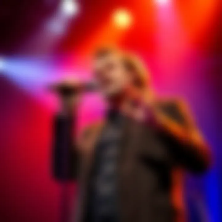 Trevor Moore in a spotlight, delivering a comedic performance with a microphone, showcasing his unique style and humor.