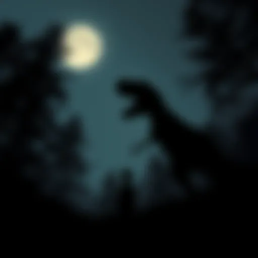 A shadowy figure resembling a T-Rex stands among trees under a moonlit sky, with a person looking on in fear.