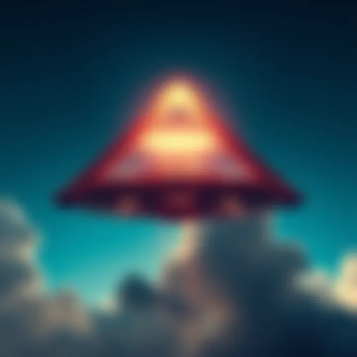 A large triangle-shaped UFO suspended in the sky above witnesses, creating excitement and curiosity.