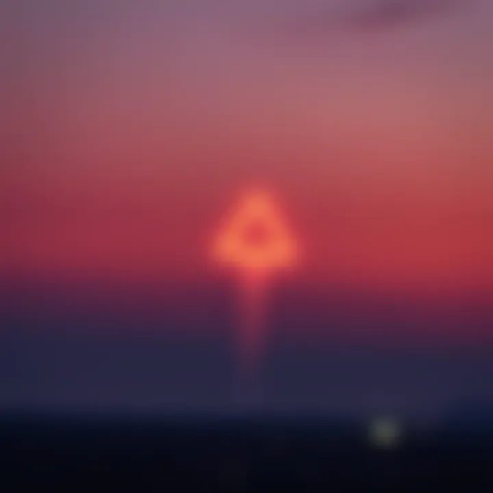 Triangle-shaped object in sky A glowing orange triangle-shaped object in the southwestern sky over Bakersfield, California, with a light trail visible