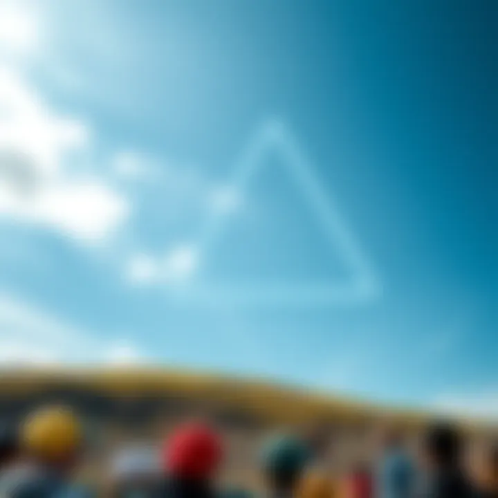 A large triangular formation floating in a clear blue sky, drawing the attention of onlookers below.