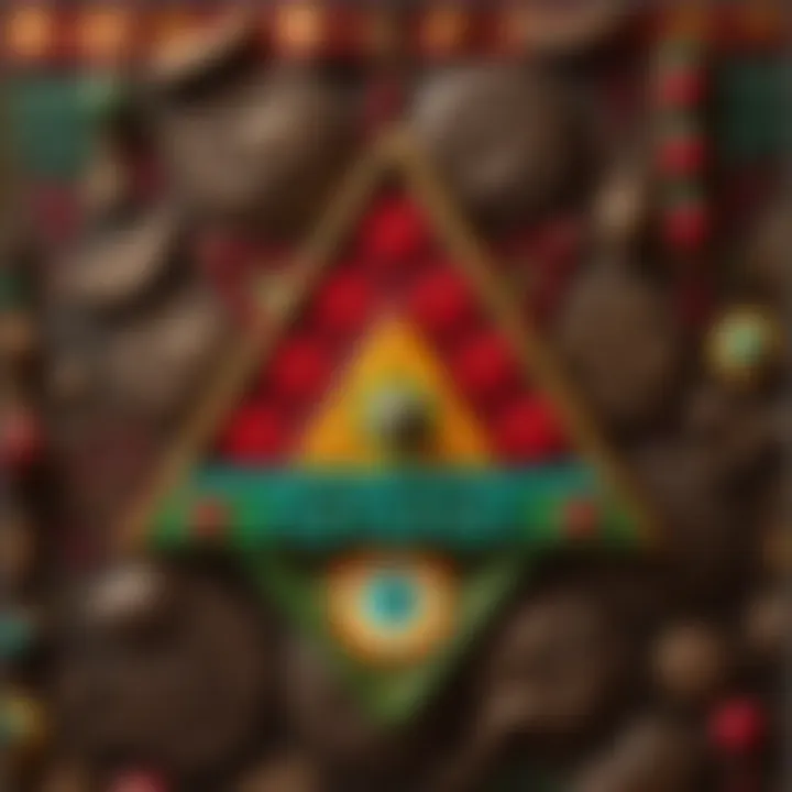 A colorful triangle symbol displayed with cultural patterns representing different meanings across various traditions.