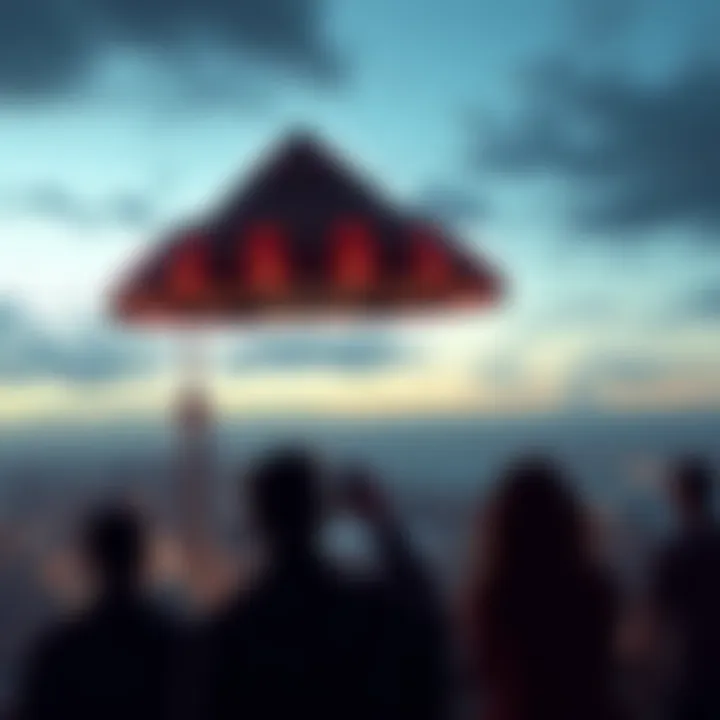 A triangular-shaped UFO flying above the Toronto skyline with witnesses looking up in amazement