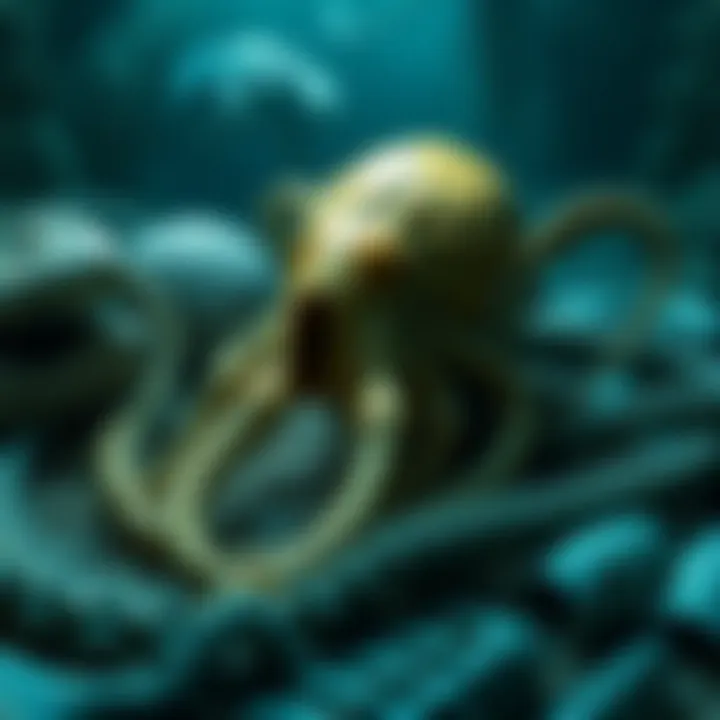 A large ancient cephalopod resembling a squid, surrounded by ichthyosaur fossils, showcasing intricately arranged bones that resemble art, set in a prehistoric ocean environment.