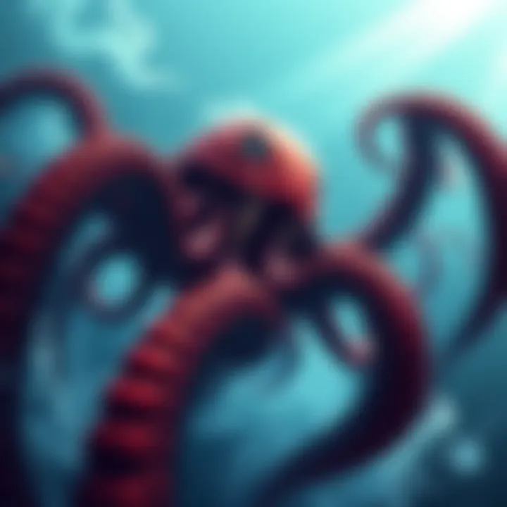 A depiction of the Triassic Kraken emerging from the ocean, showcasing its long tentacles and large body