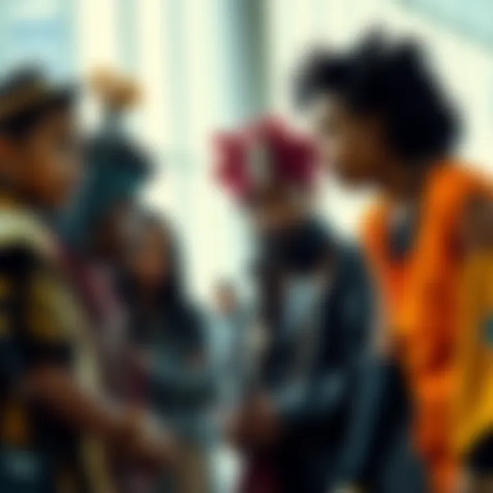 A diverse group of people from different tribes discussing roles and archetypes, with a backdrop of modern society