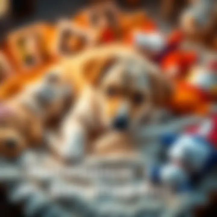 A heartfelt tribute featuring a dog with a soft coat lying on a cozy blanket, surrounded by photos and toys that represent joyful moments, evoking love and memories.