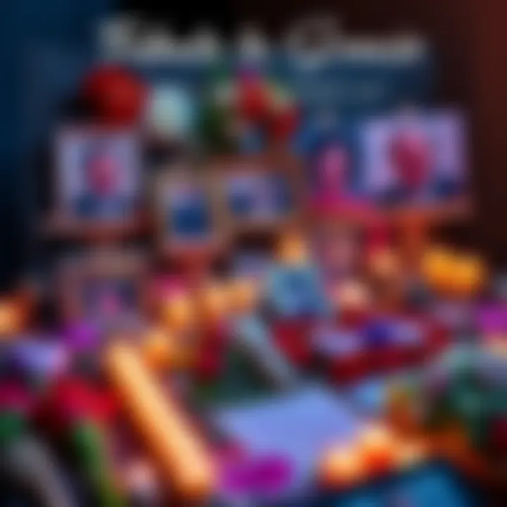 A heartfelt tribute display featuring photos and flowers in memory of Gracie, surrounded by candles and loving messages from family and friends.