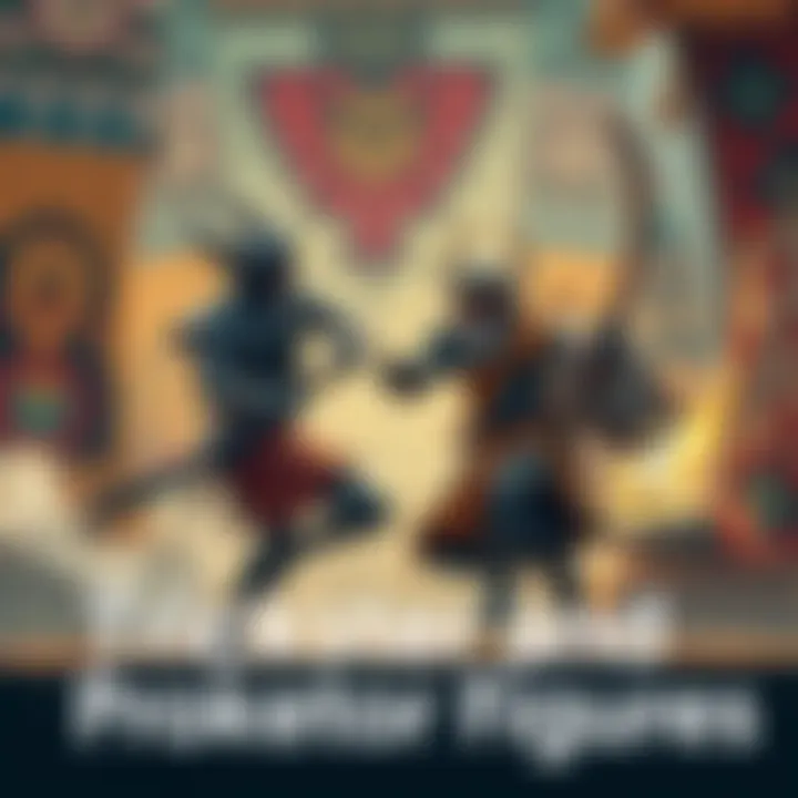 Trickster and Protector Figures Illustration showing a trickster figure playfully interacting with a protector figure, set against a colorful cultural backdrop representing various traditions.