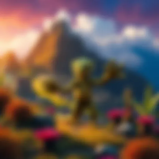 Illustration of a three-fingered humanoid, or tridactyl, standing in a lush Peruvian environment, surrounded by ancient ruins and colorful vegetation.