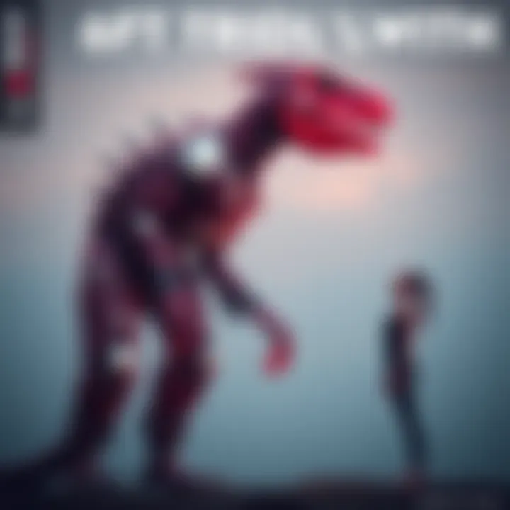 A tall tridactyl creature standing next to an adult human for size comparison, featuring metallic implants on its body.