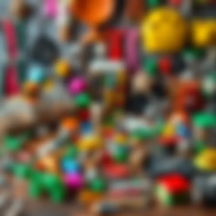 A collection of various trinkets organized by color on a wooden table