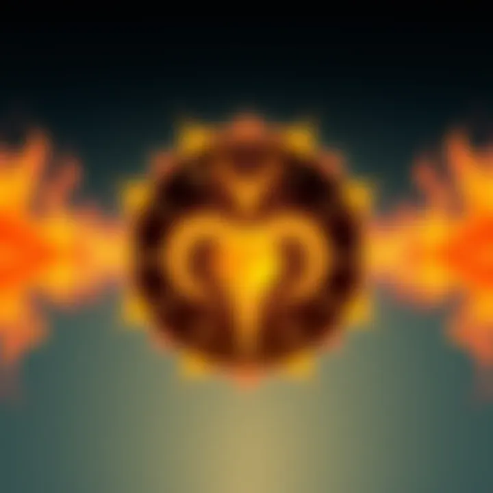 An illustration showing the symbols of the Sun, Moon, and Aries sign with energetic flames around them, representing personality traits and emotional responses associated with Aries.