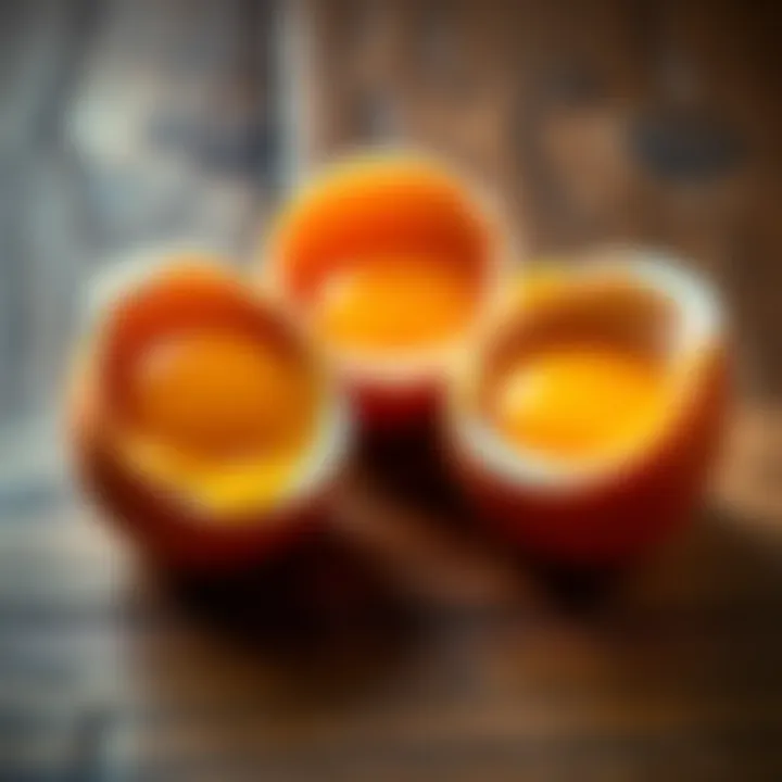 Three eggs showing double yolks inside, placed together on a wooden surface