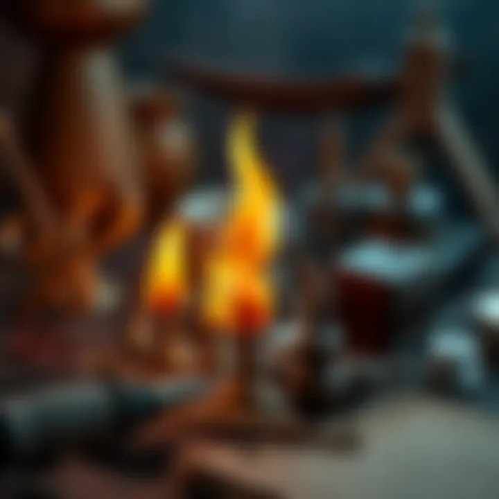 A glowing triple flame designed for a wand, surrounded by tools and materials for crafting.