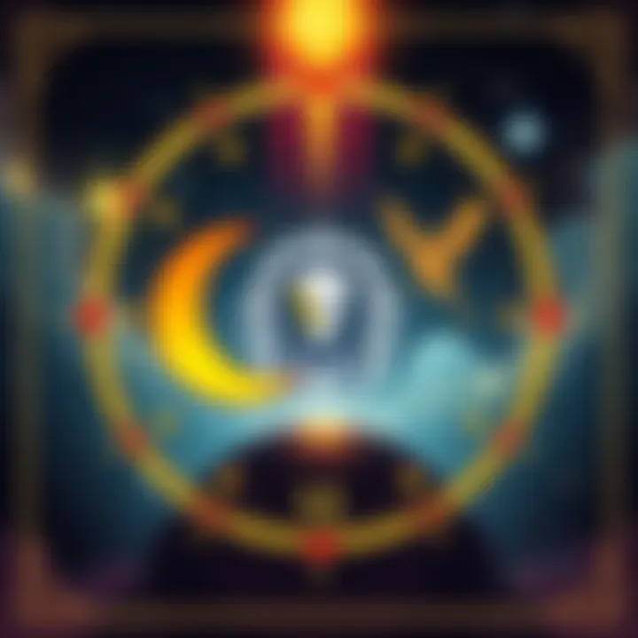 An illustration showing a cosmic theme with a sun, moon, and lion symbol representing Leo in astrology