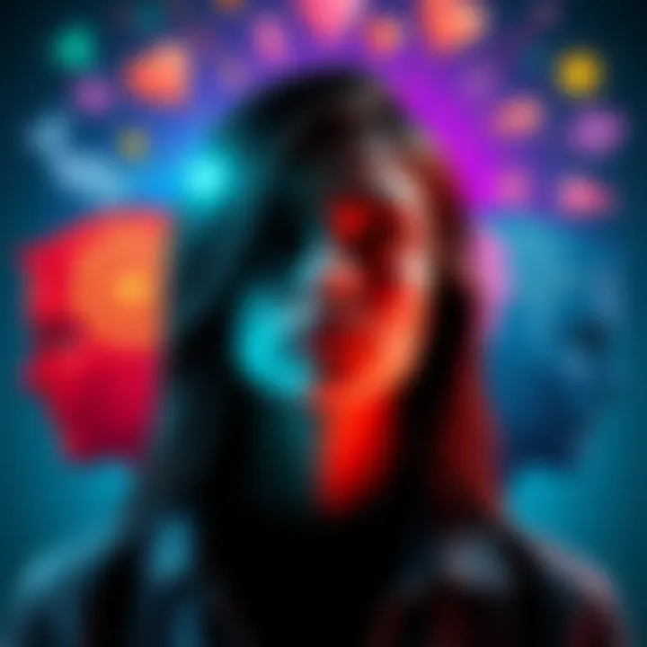 A person appears thoughtful and reflective, surrounded by diverse symbols representing different identities, inviting connection and discussion.
