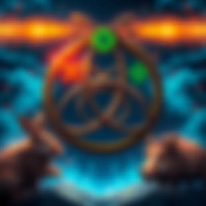 Illustration of the triskelion with highlighted top and center symbols, featuring a rabbit and a boar at the bottom.