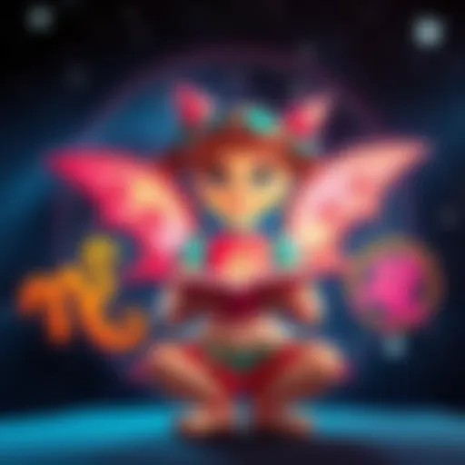 Trixie Mattel playfully showcasing zodiac signs, surrounded by colorful astrological symbols and starry background.