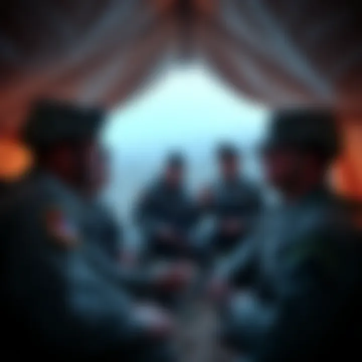 Soldiers gathered in a tent, discussing their beliefs about President Trump's role in the Iran conflict as a divine mission.