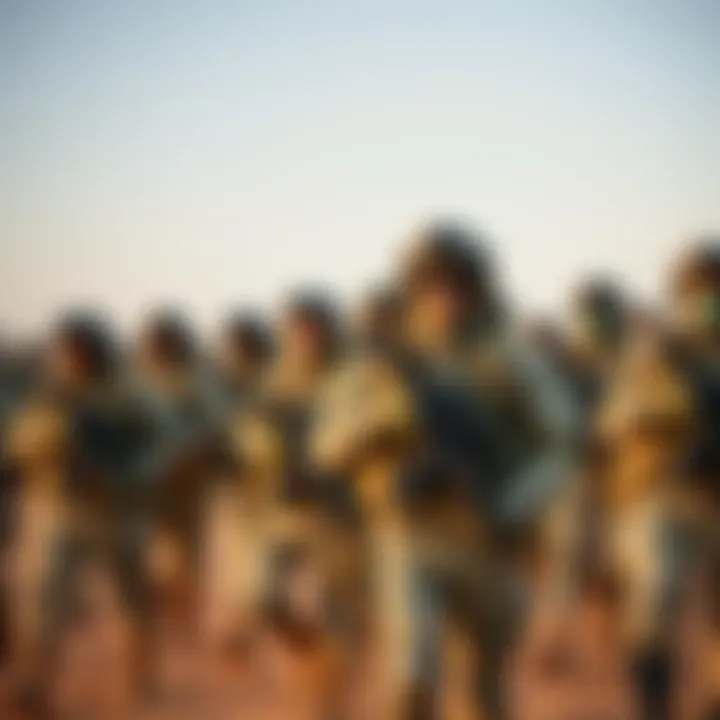 A group of soldiers in military gear preparing for deployment in a Middle Eastern landscape.