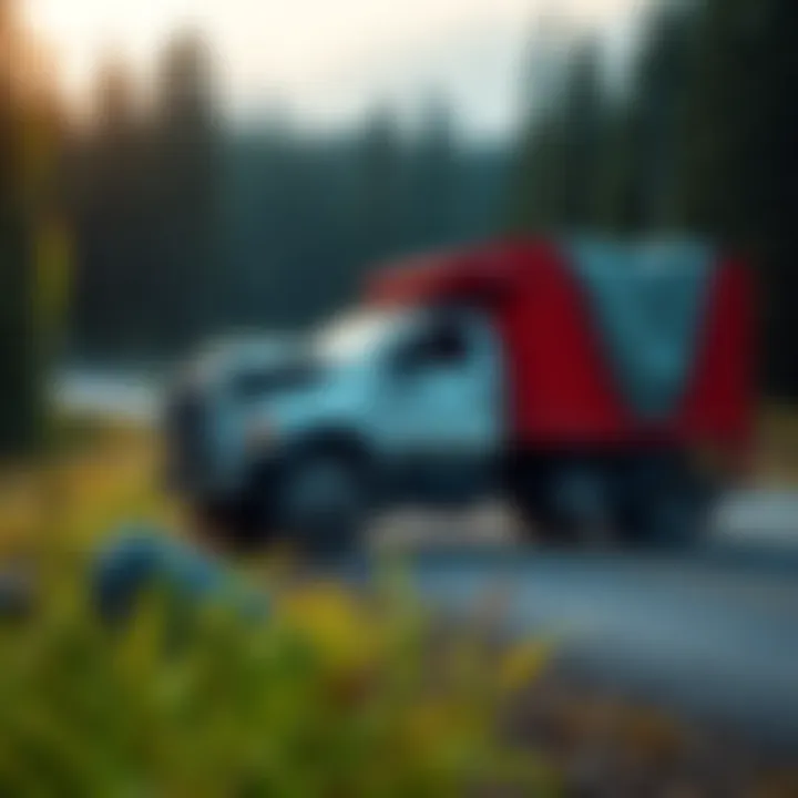 A truck with visible damage on the passenger side parked on a rural road in Oregon, with a rock nearby.