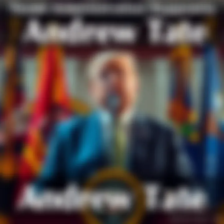 A visual representation of the Trump Administration showing support for Andrew Tate during his federal investigation, with flags and official emblems in the background.