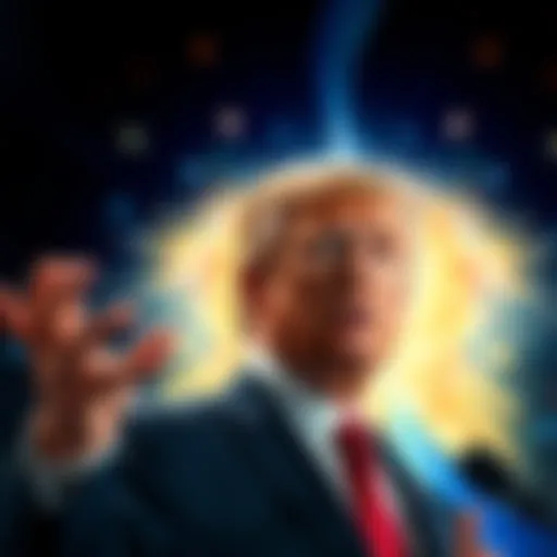 President Trump speaking with a backdrop of digital elements representing artificial intelligence and the concept of heaven.