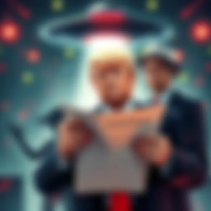 An illustration of Trump holding alien documents while Epstein watches. Both figures are surrounded by mysterious lights and a UFO in the background.