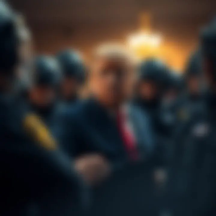 Trump with Armed Guards Donald Trump surrounded by armed security personnel, creating a tense atmosphere.