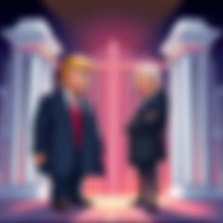 Illustration of Trump and Biden standing at a grand set of pearly gates, facing each other with varied expressions, symbolizing a debate over morality and legacy.