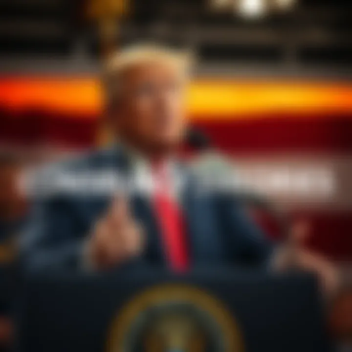 Donald Trump speaking at a podium, looking serious and distancing himself from conspiracy theories during a public event.