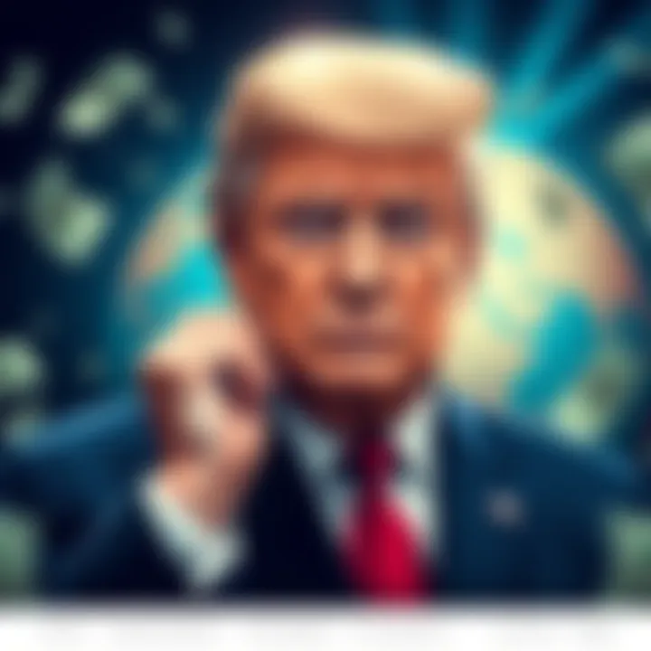 Illustration of President Trump contemplating economic strategies with dollar bills and a globe in the background