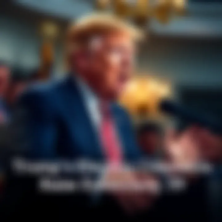 President Trump speaking at a podium about election issues, gesturing passionately, with an audience in the background.